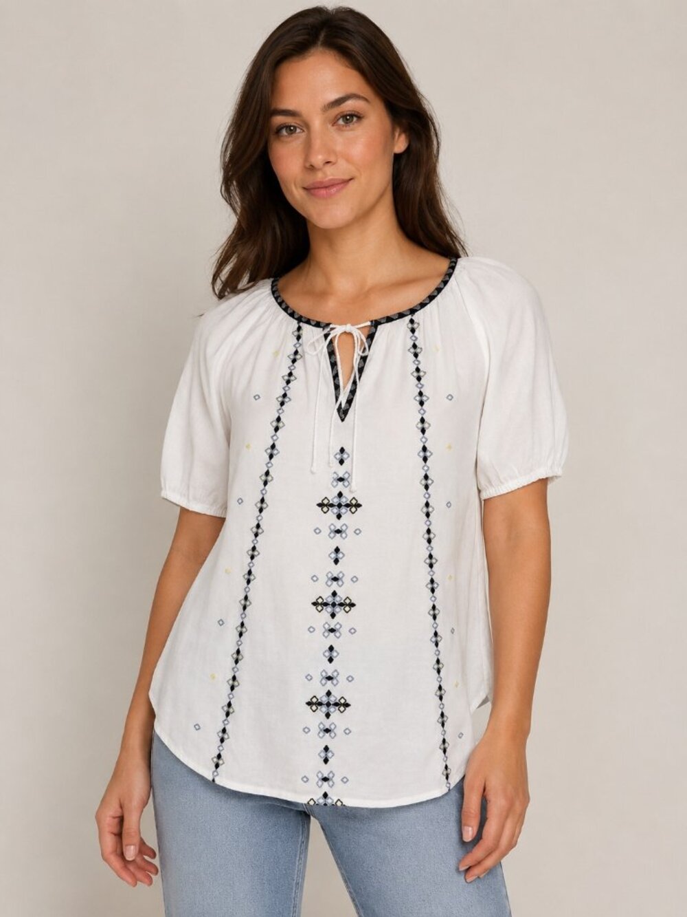 LOFT Petite White Navy Embroidered Cotton Puff Sleeve Tie Blouse Womens XSP Boho